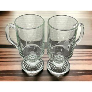 Princess House Pedestal Mugs Etched Glass Coffee Cups with Handles Set of 2